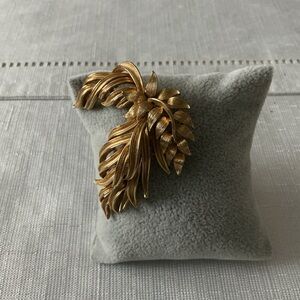 Gold Toned Sculptured Leaf Sprig Brooch